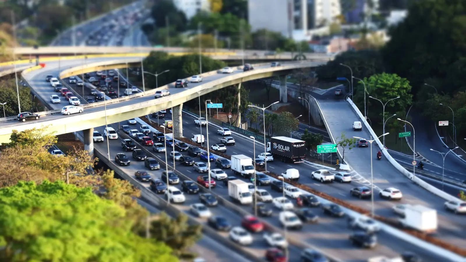 Dense traffic jammed on a multi-level urban highway interchange