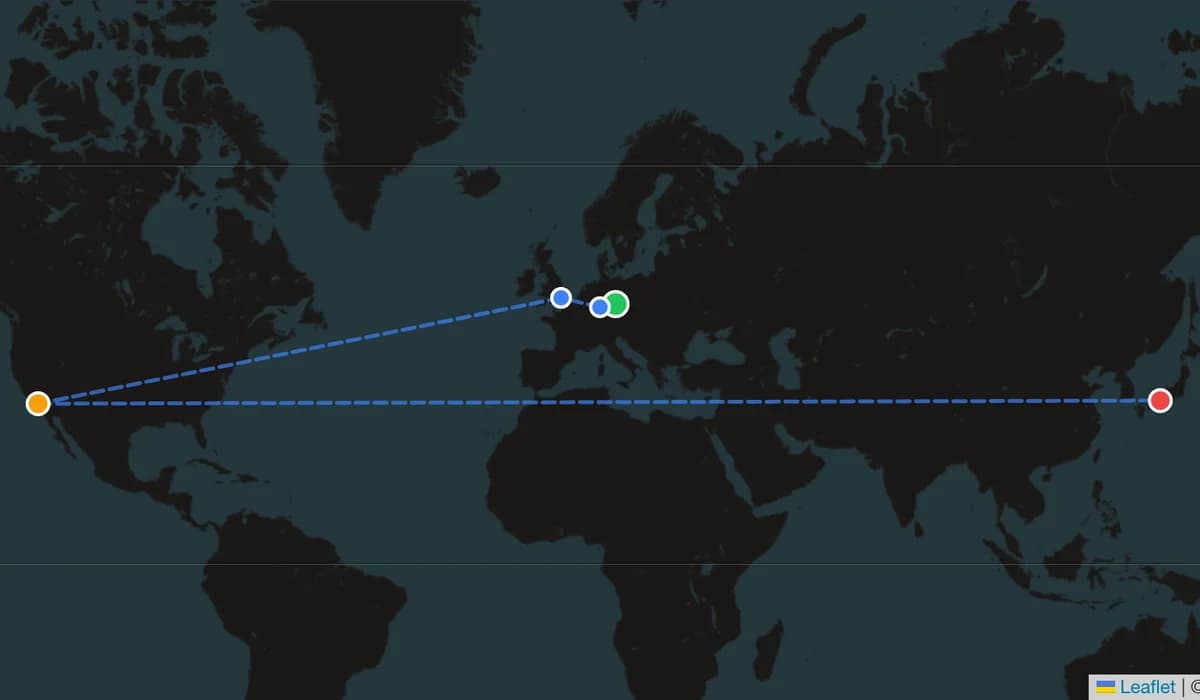 World map of an 11-hop route from Germany to Japan through London and Los Angeles