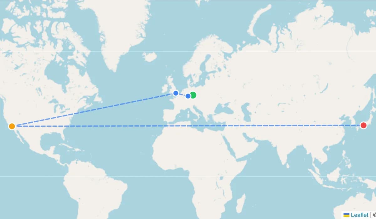 Carte du monde d'une route de 11 sauts de l'Allemagne au Japon via Londres et Los Angeles