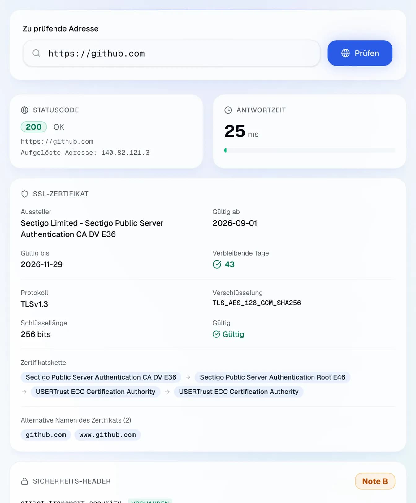 die Prüfung von https://github.com: Status 200, Antwortzeit, TLS-Zertifikat mit Kette und die Note B für die Sicherheits-Header.