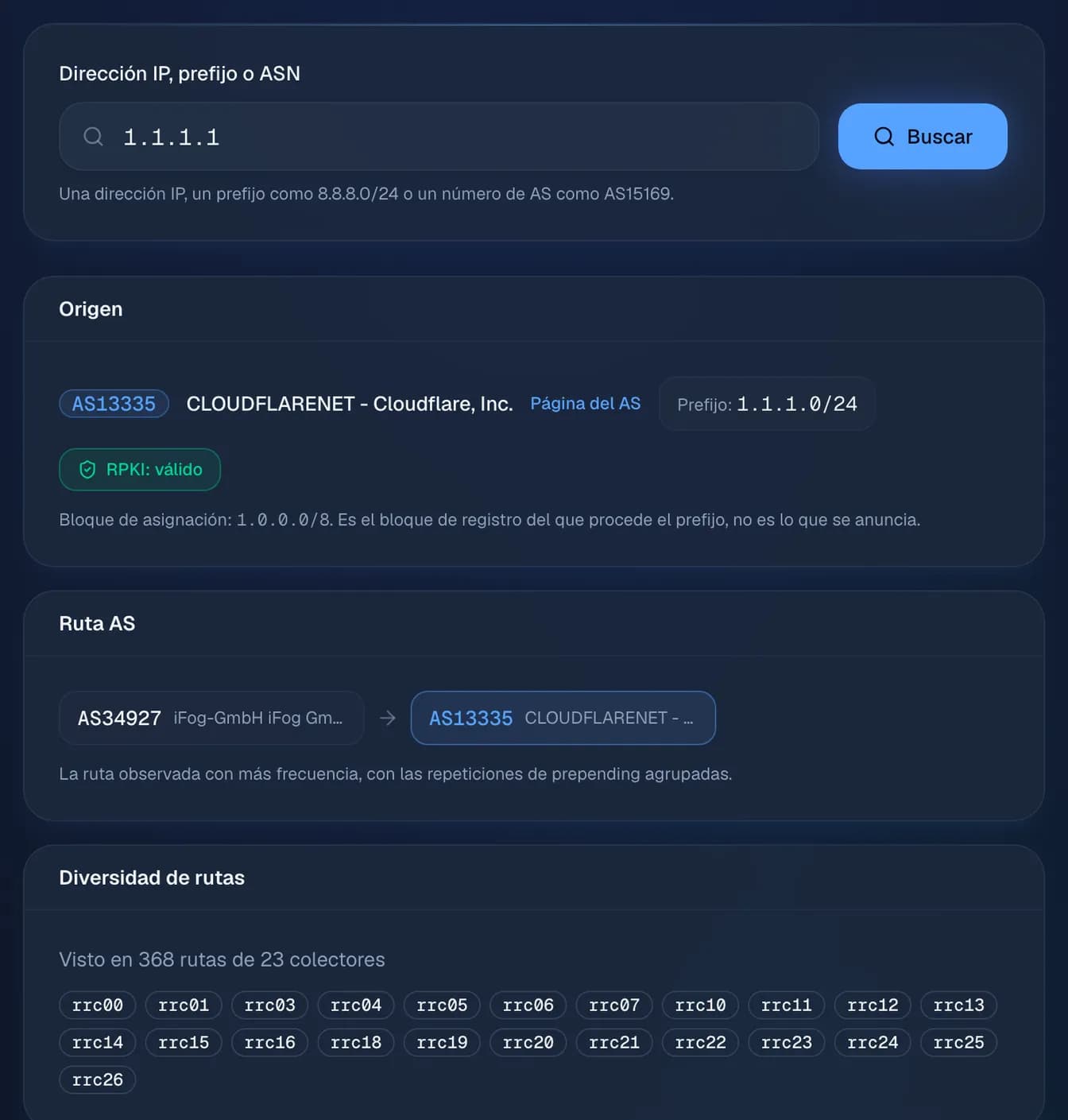 la vista BGP de 1.1.1.1: anunciada en 1.1.1.0/24 por AS13335 (Cloudflare), RPKI válido, vista por 23 colectores de RIPE RIS.