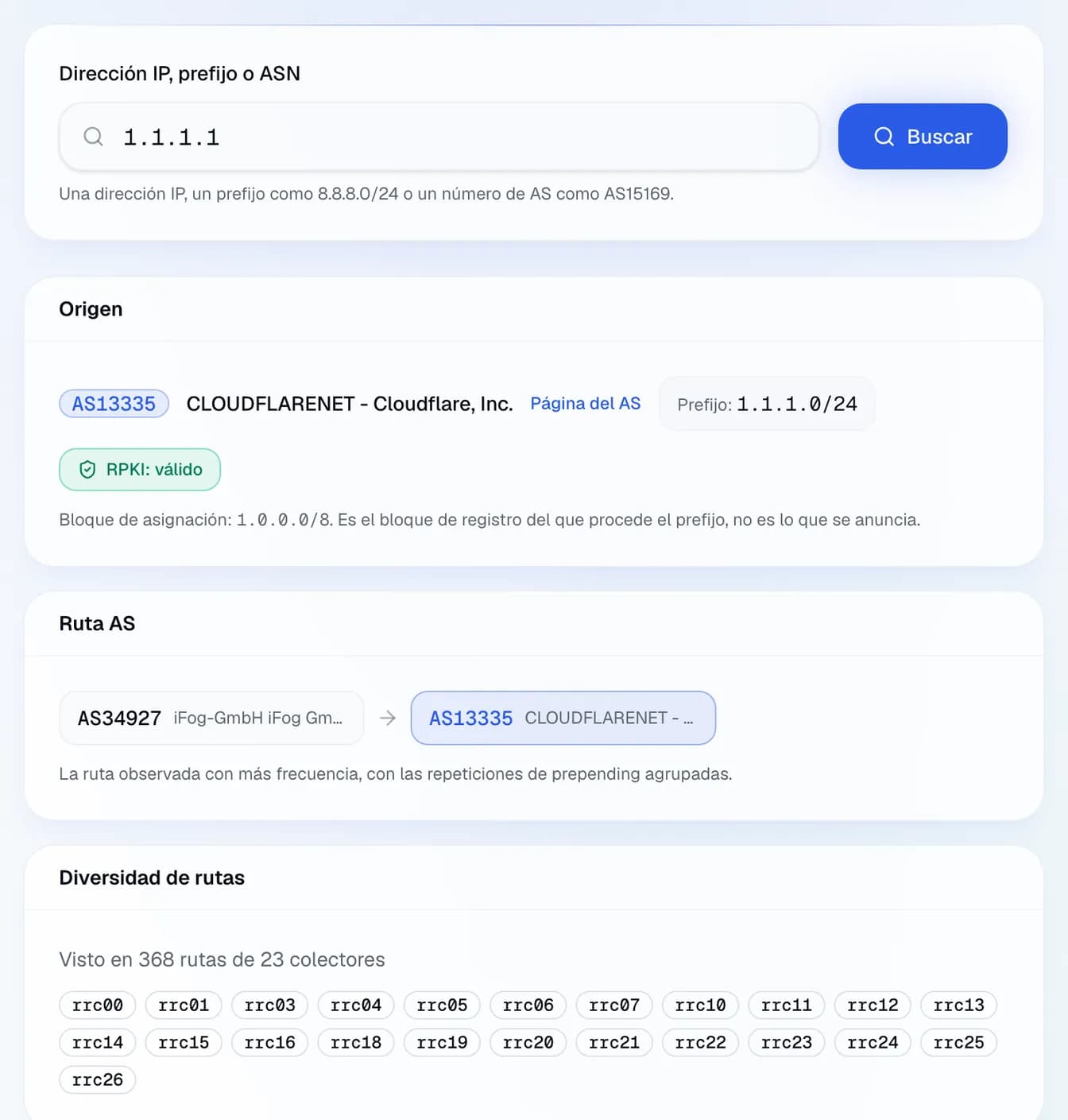 la vista BGP de 1.1.1.1: anunciada en 1.1.1.0/24 por AS13335 (Cloudflare), RPKI válido, vista por 23 colectores de RIPE RIS.