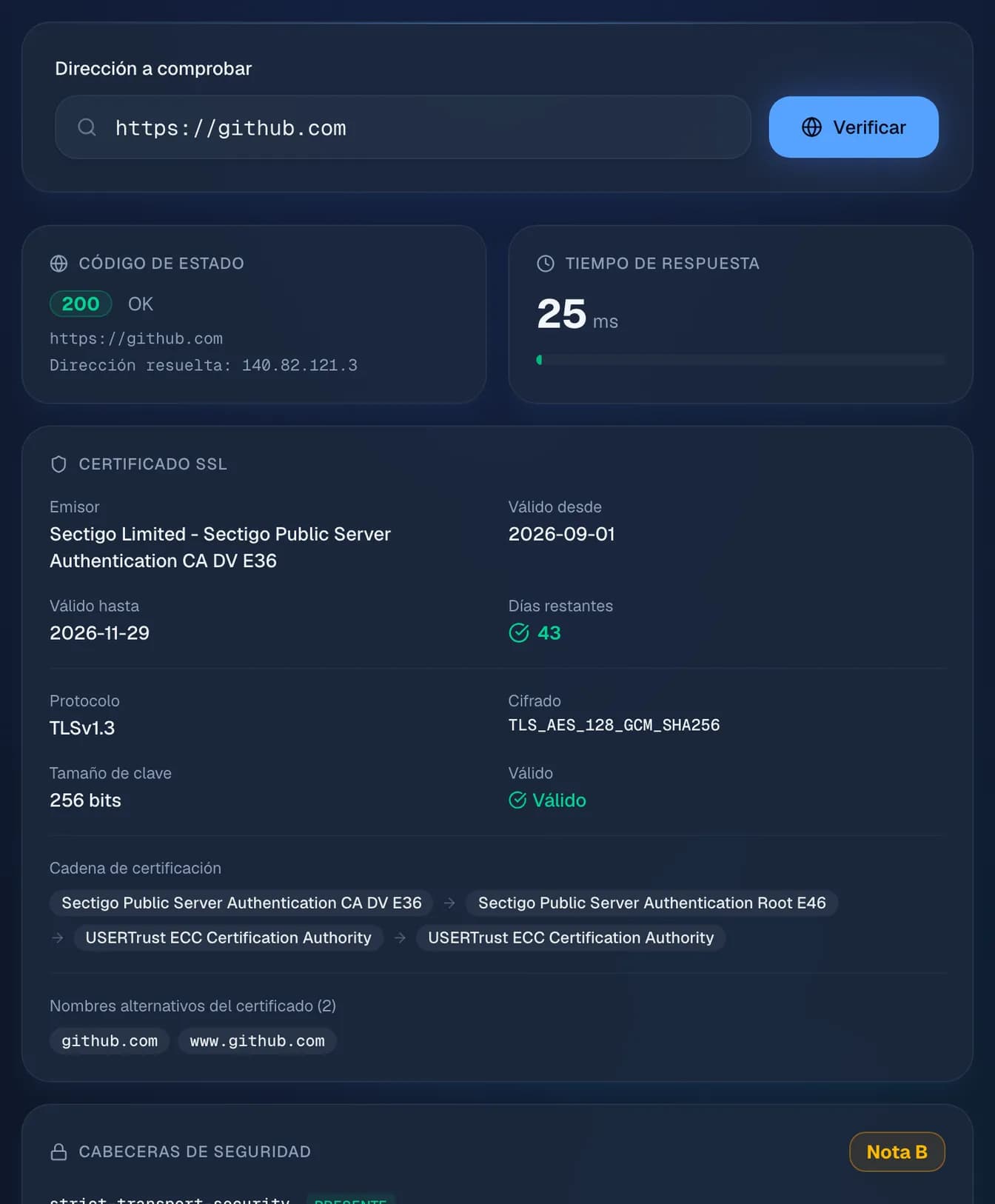 la comprobación de https://github.com: estado 200, tiempo de respuesta, certificado TLS y su cadena, y la nota B de las cabeceras de seguridad.