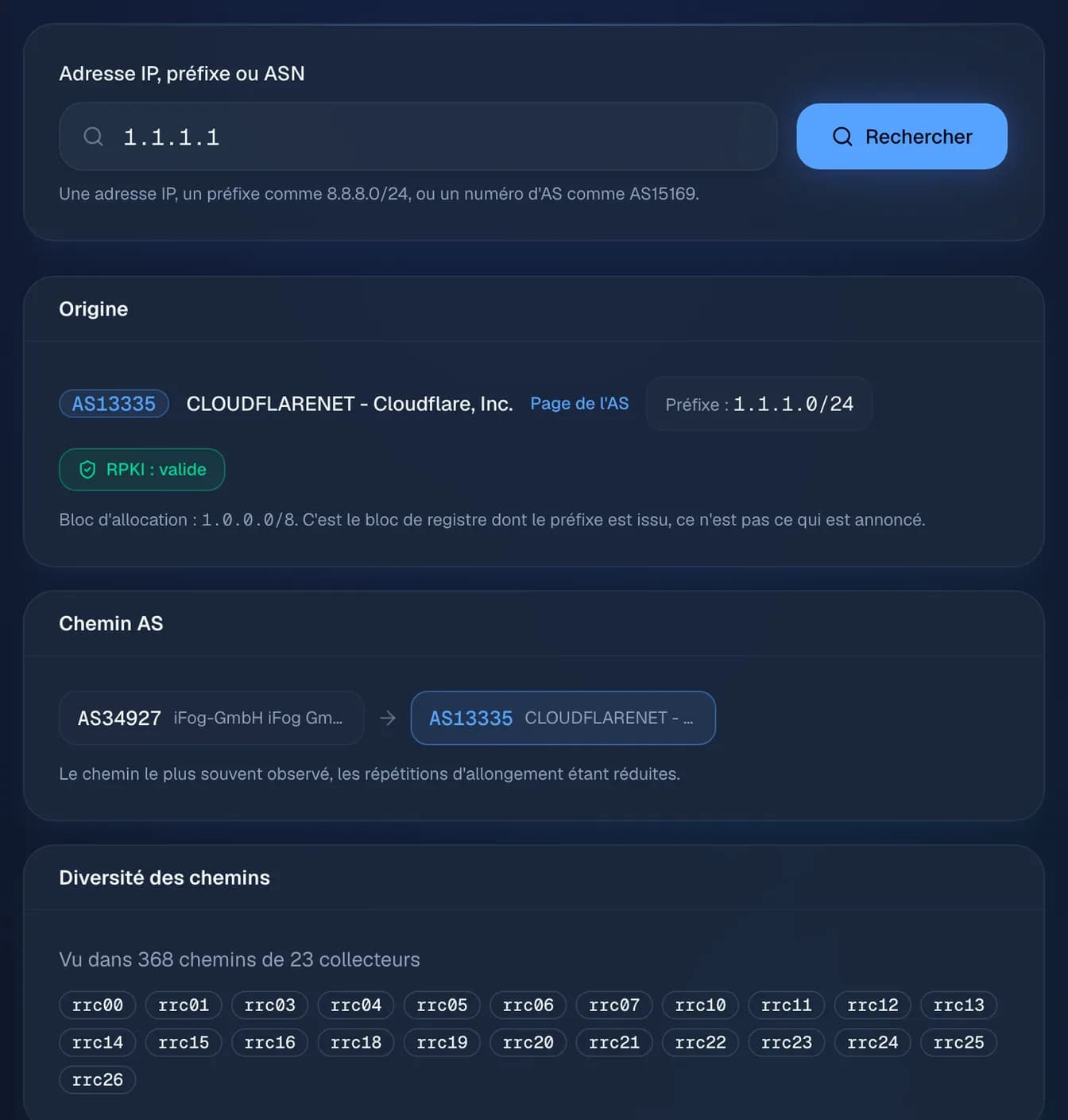 la vue BGP de 1.1.1.1 : annoncée dans 1.1.1.0/24 par AS13335 (Cloudflare), RPKI valide, vue par 23 collecteurs RIPE RIS.