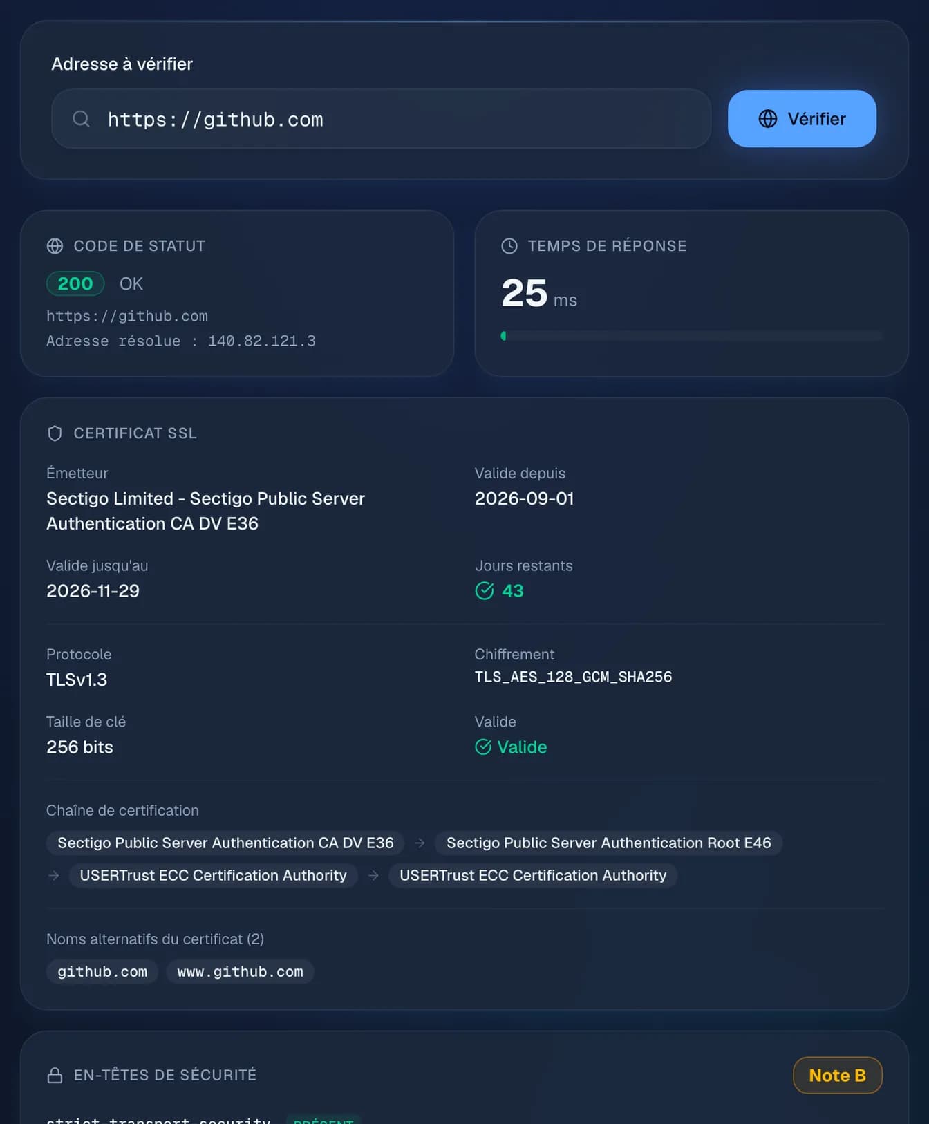 la vérification de https://github.com : statut 200, temps de réponse, certificat TLS et sa chaîne, et la note B des en-têtes de sécurité.