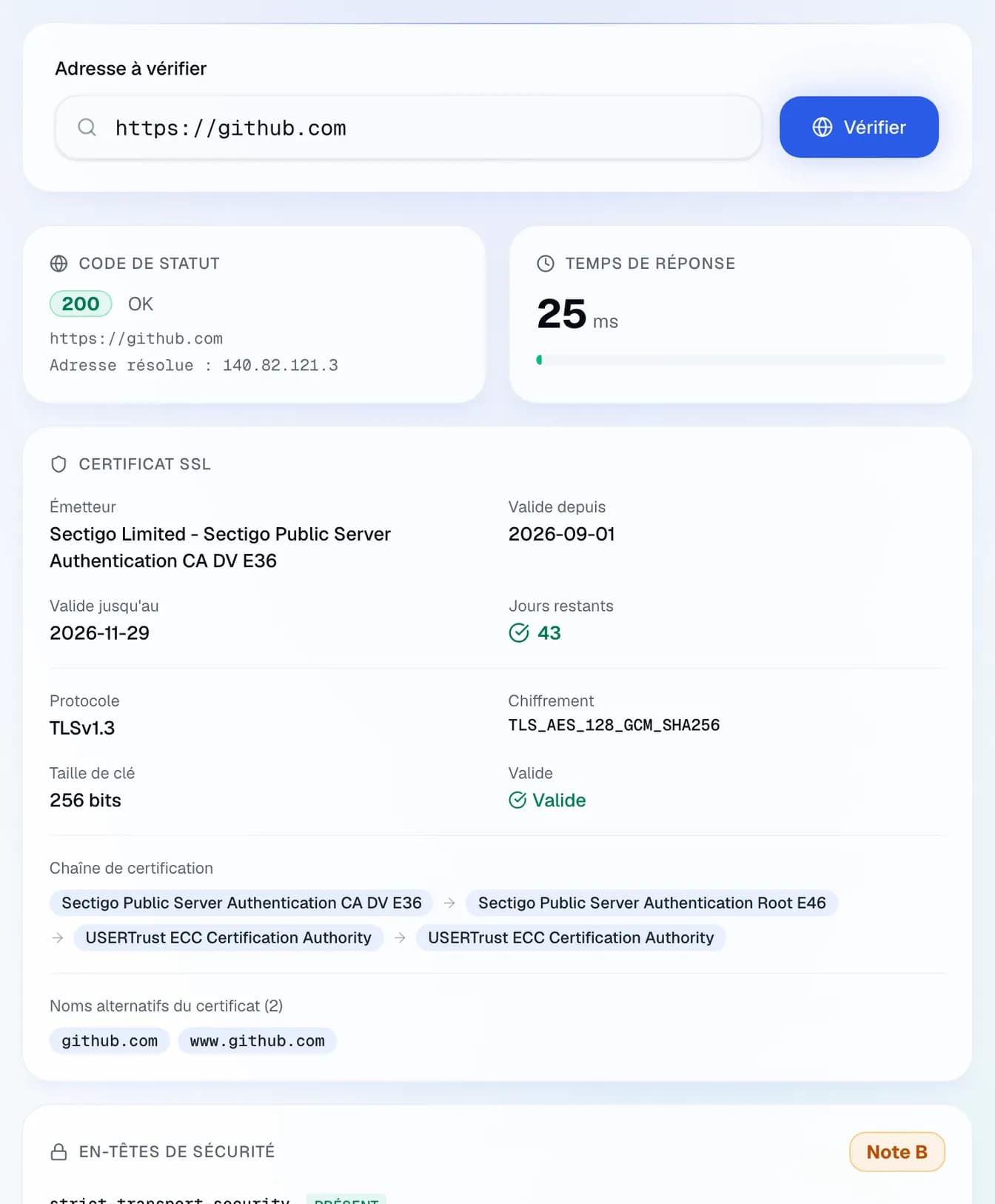 la vérification de https://github.com : statut 200, temps de réponse, certificat TLS et sa chaîne, et la note B des en-têtes de sécurité.