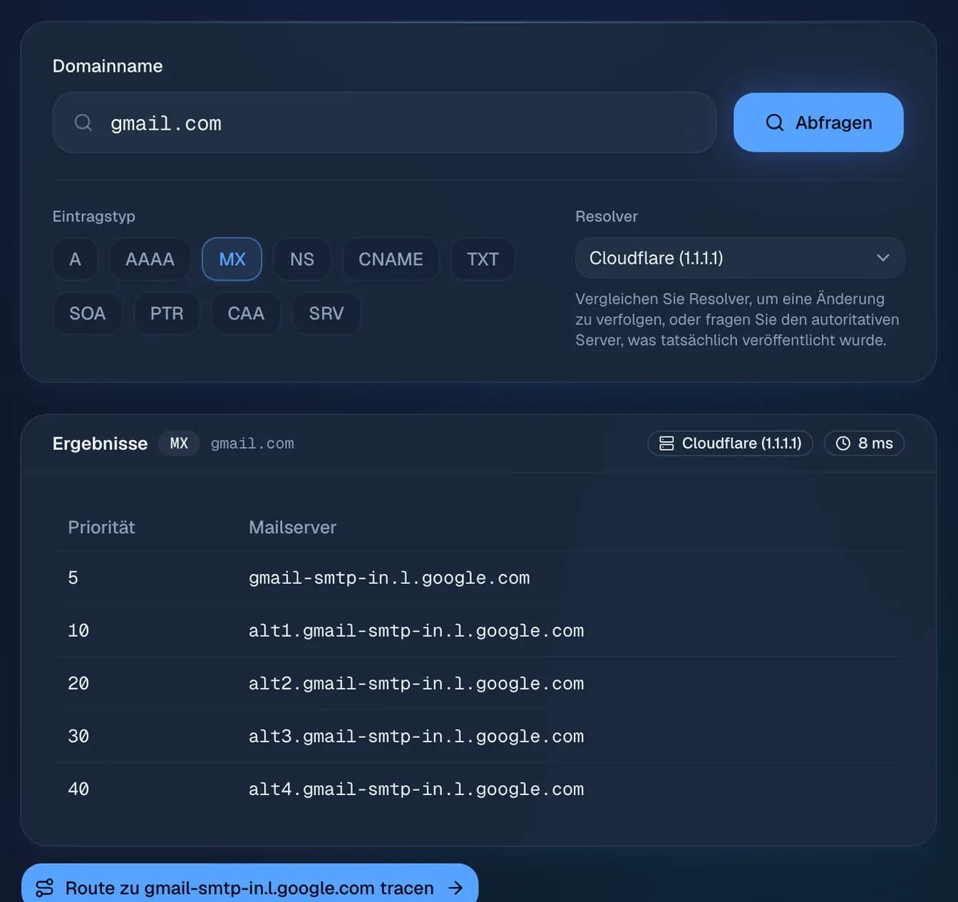 die MX-Einträge von gmail.com, abgefragt beim Resolver von Cloudflare (1.1.1.1): fünf Mailserver nach Priorität.