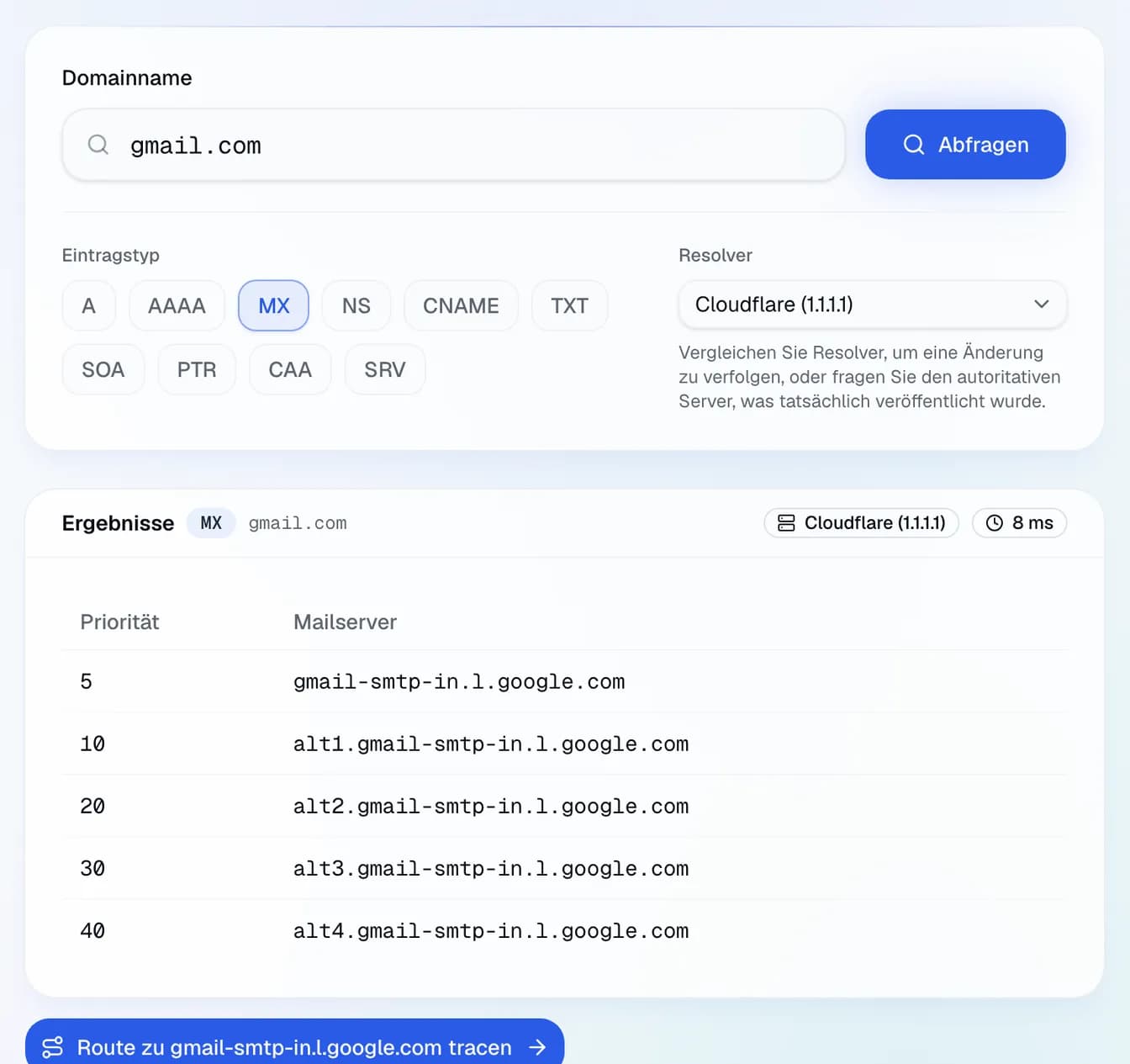 die MX-Einträge von gmail.com, abgefragt beim Resolver von Cloudflare (1.1.1.1): fünf Mailserver nach Priorität.