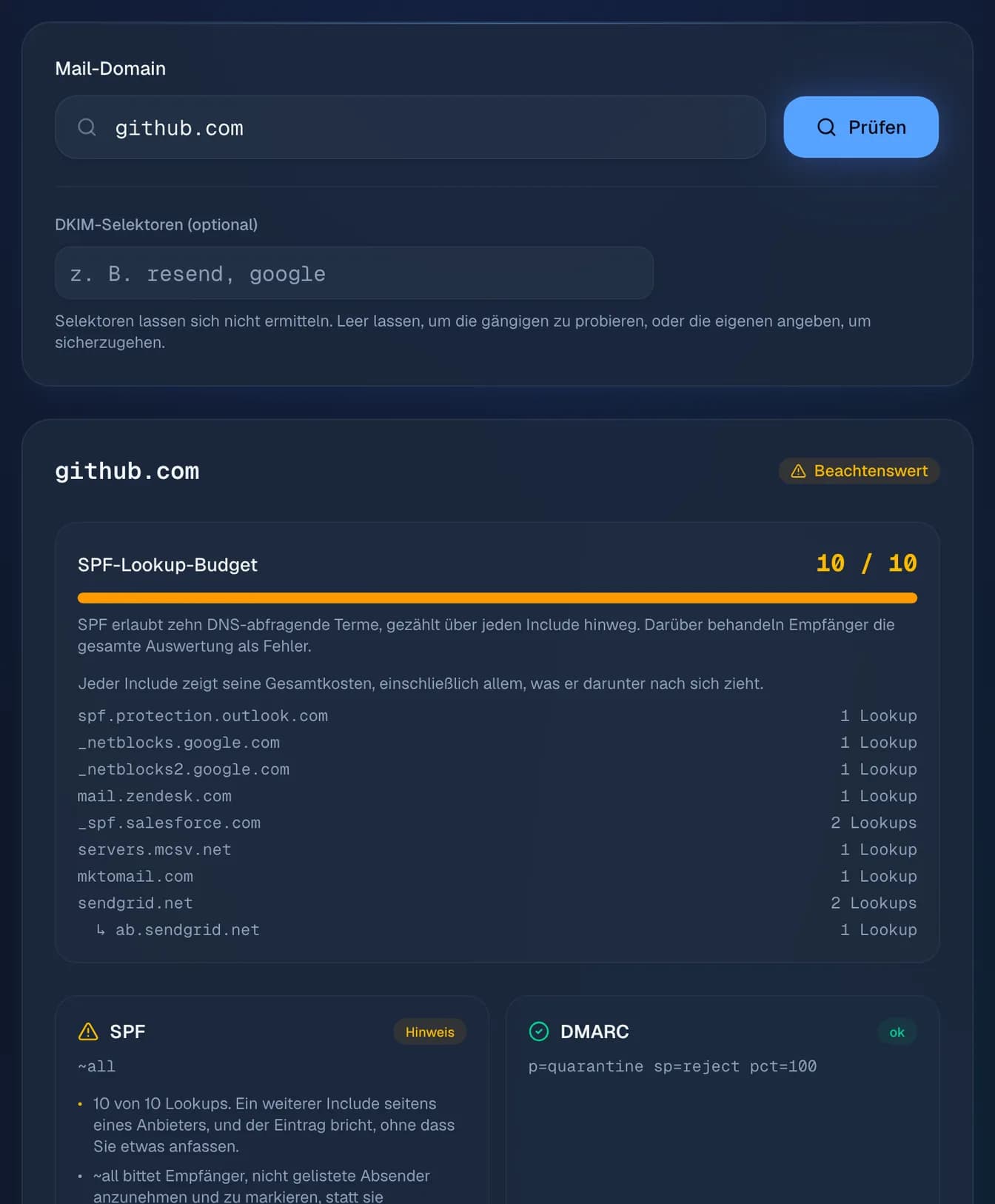 die E-Mail-Prüfung von github.com: MX, SPF mit seinem Budget von 10 DNS-Abfragen, DKIM-Schlüssel und DMARC-Richtlinie, und was Aufmerksamkeit braucht.