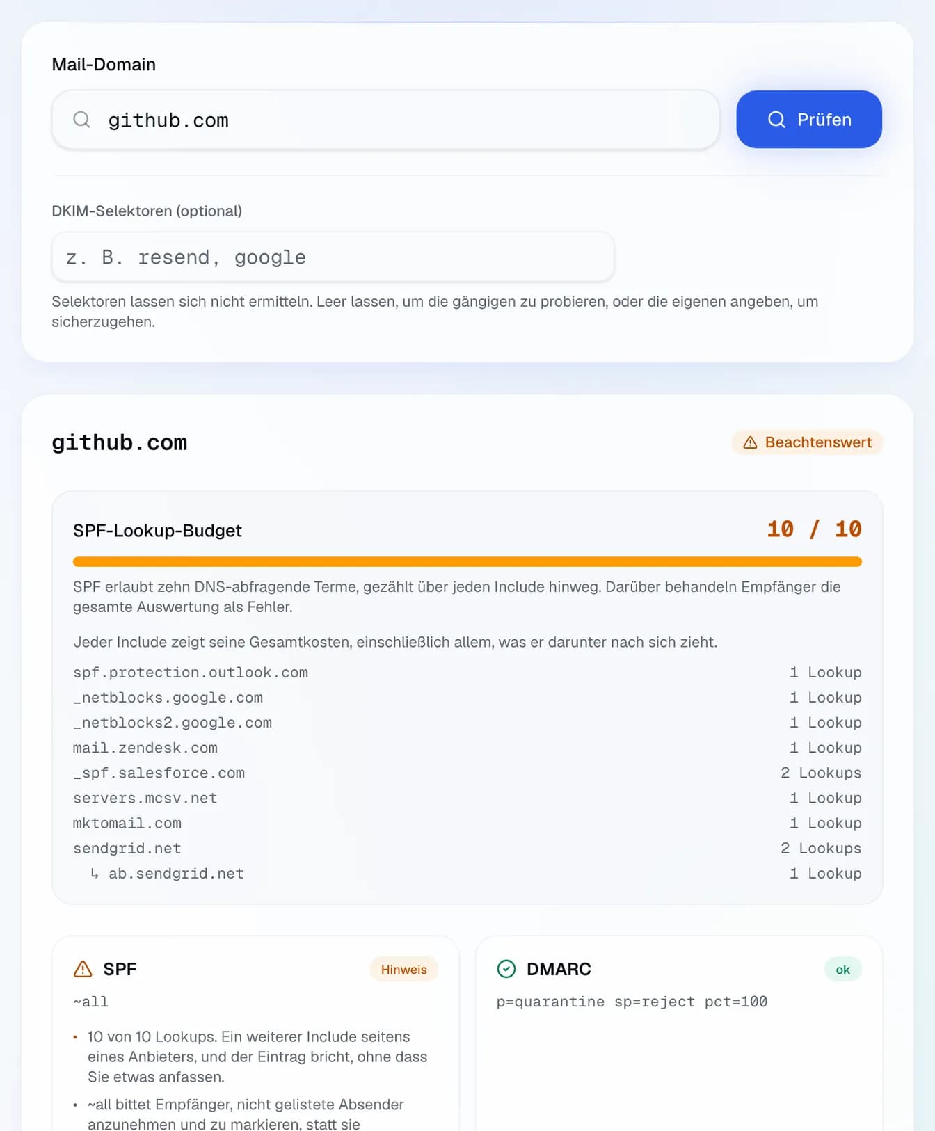 die E-Mail-Prüfung von github.com: MX, SPF mit seinem Budget von 10 DNS-Abfragen, DKIM-Schlüssel und DMARC-Richtlinie, und was Aufmerksamkeit braucht.
