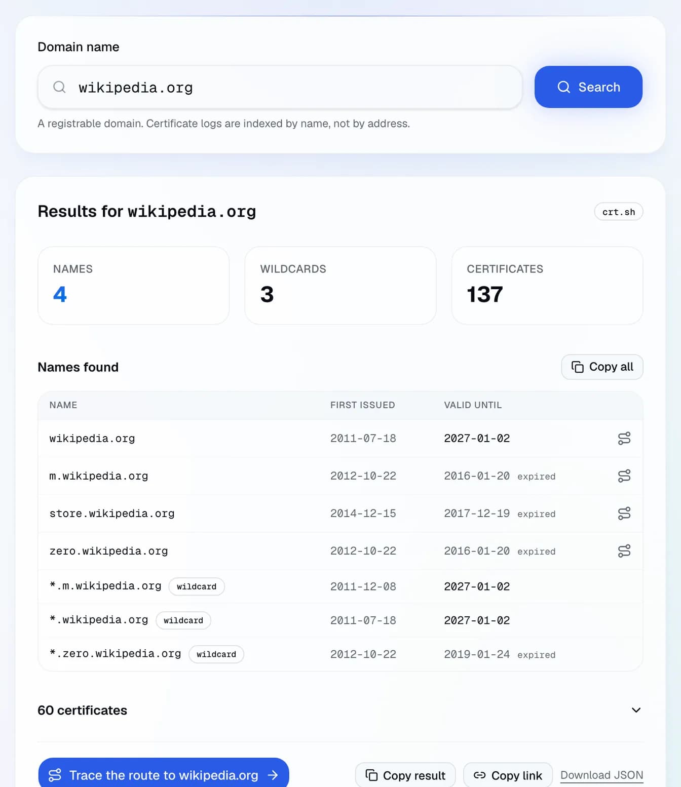 the subdomains of wikipedia.org found in Certificate Transparency logs: names, wildcards and certificates, with their first issue and expiry dates.