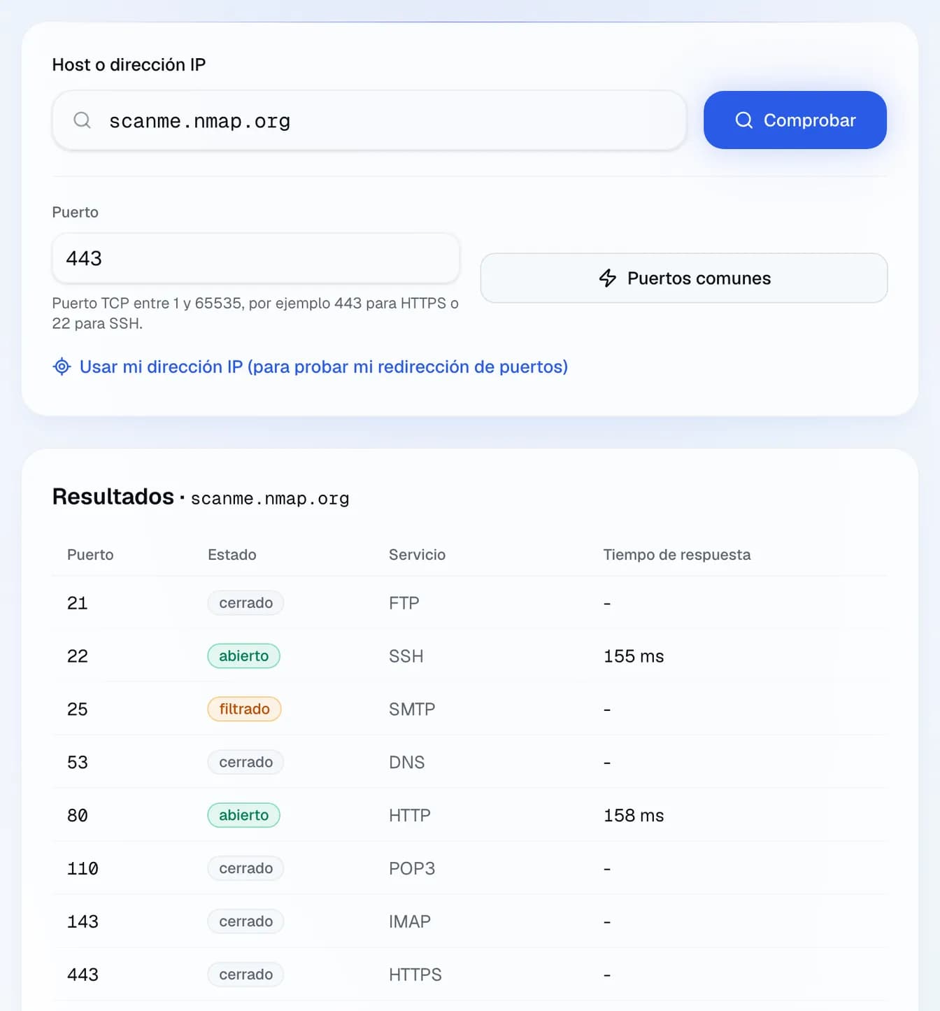 los puertos habituales de scanme.nmap.org, un host que el proyecto Nmap ofrece para pruebas: SSH (22) y HTTP (80) abiertos, SMTP (25 y 465) filtrado, el resto cerrados.