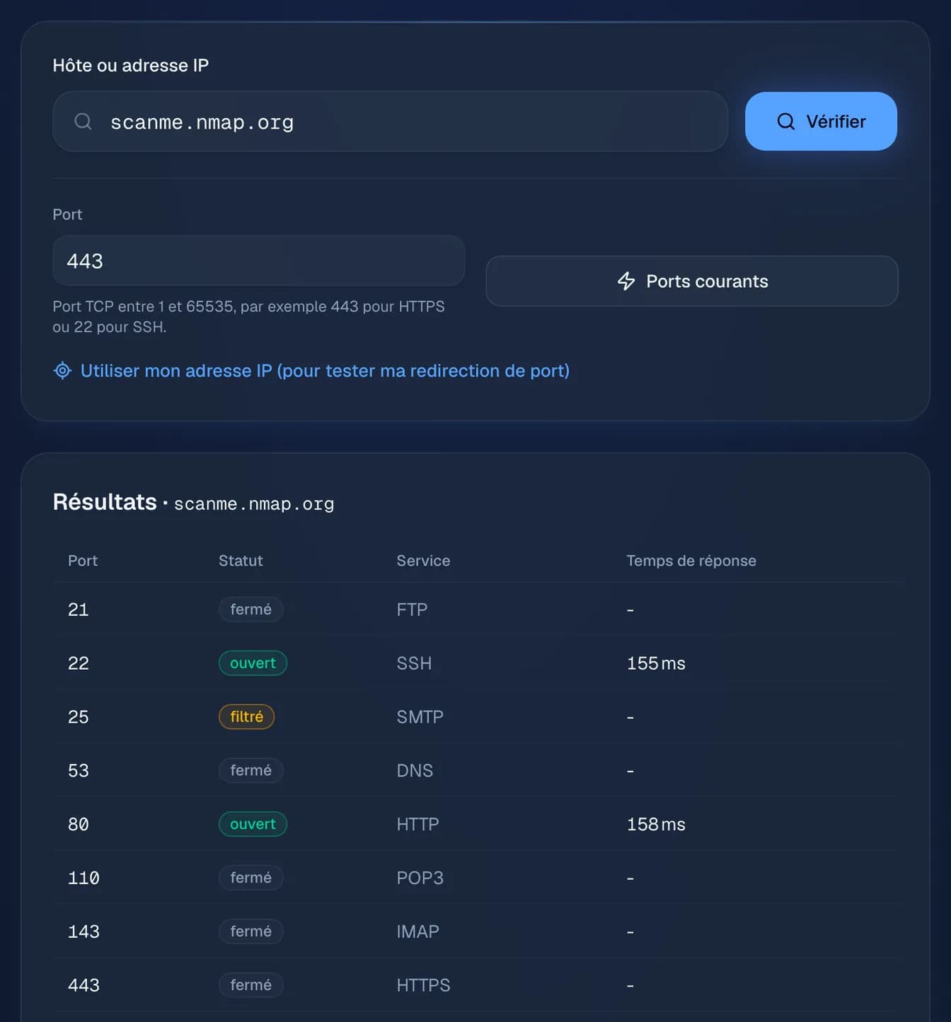 les ports courants de scanme.nmap.org, un hôte mis à disposition par le projet Nmap pour les tests : SSH (22) et HTTP (80) ouverts, SMTP (25 et 465) filtré, les autres fermés.