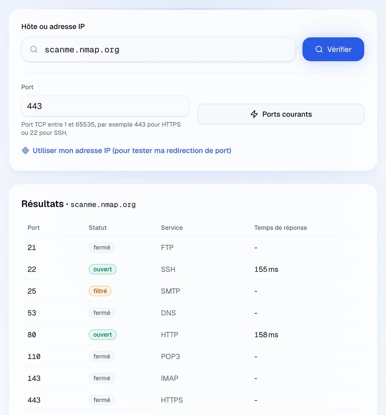 les ports courants de scanme.nmap.org, un hôte mis à disposition par le projet Nmap pour les tests : SSH (22) et HTTP (80) ouverts, SMTP (25 et 465) filtré, les autres fermés.