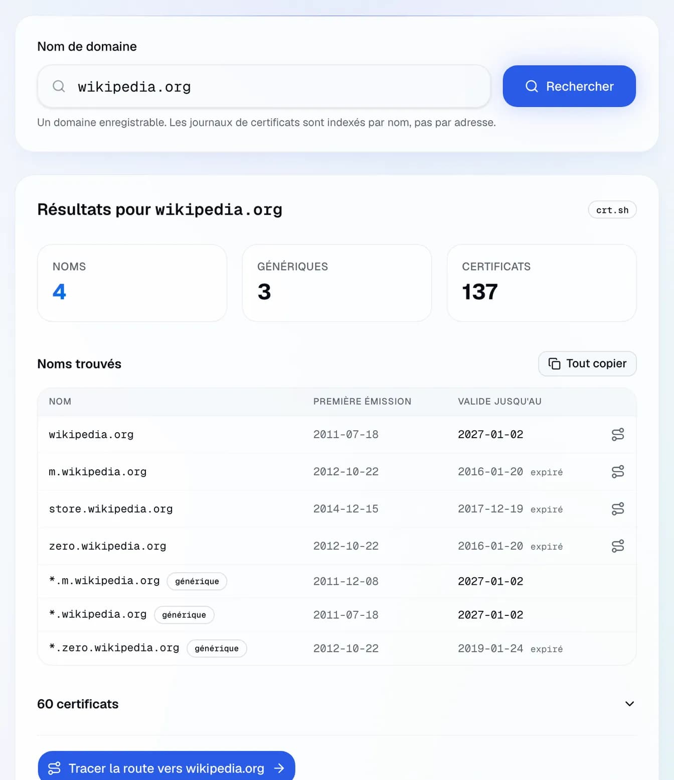 les sous-domaines de wikipedia.org trouvés dans les journaux Certificate Transparency : noms, wildcards et certificats, avec leurs dates de première émission et d'expiration.