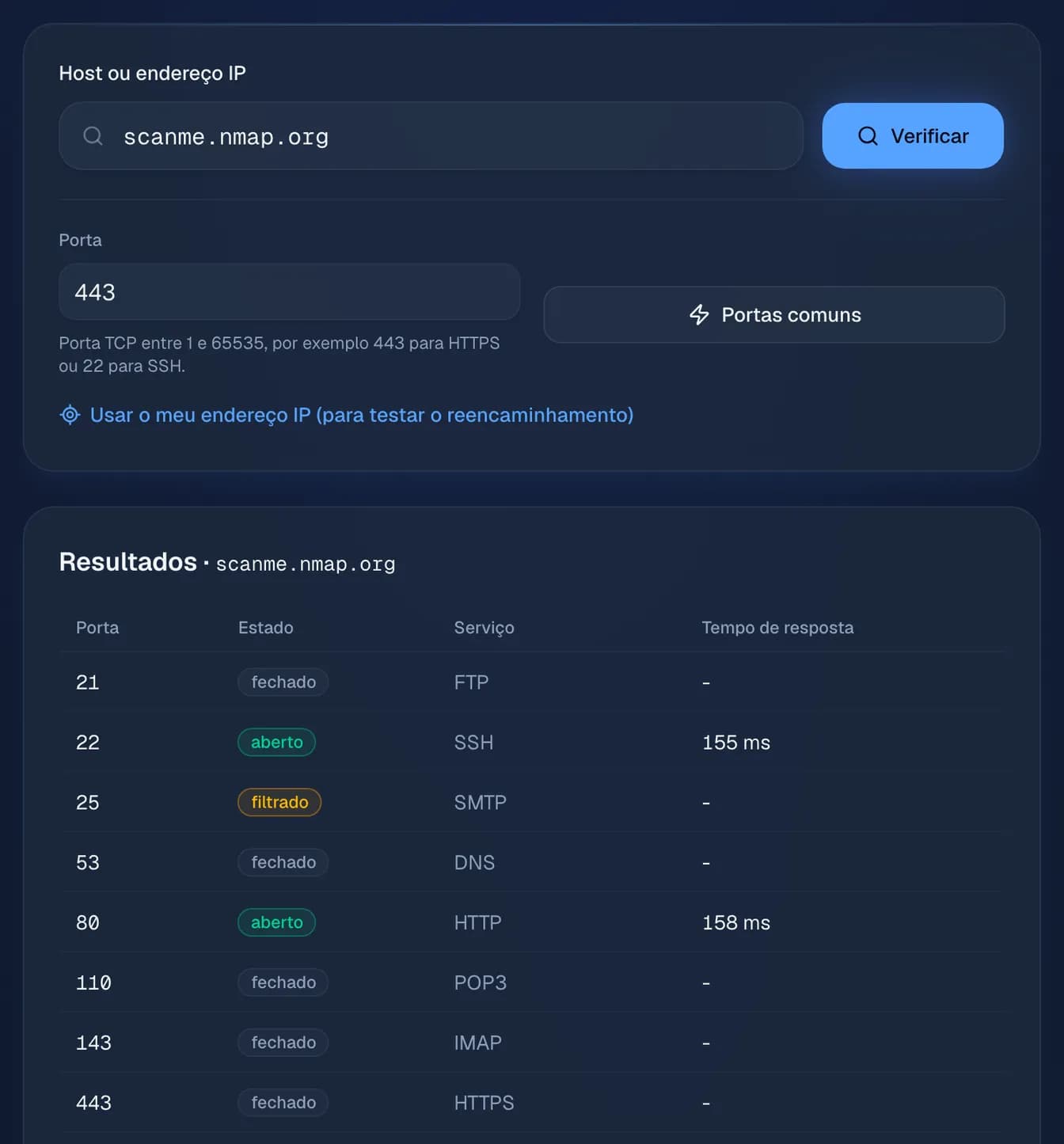 as portas comuns de scanme.nmap.org, um anfitrião que o projeto Nmap disponibiliza para testes: SSH (22) e HTTP (80) abertas, SMTP (25 e 465) filtrada, as restantes fechadas.