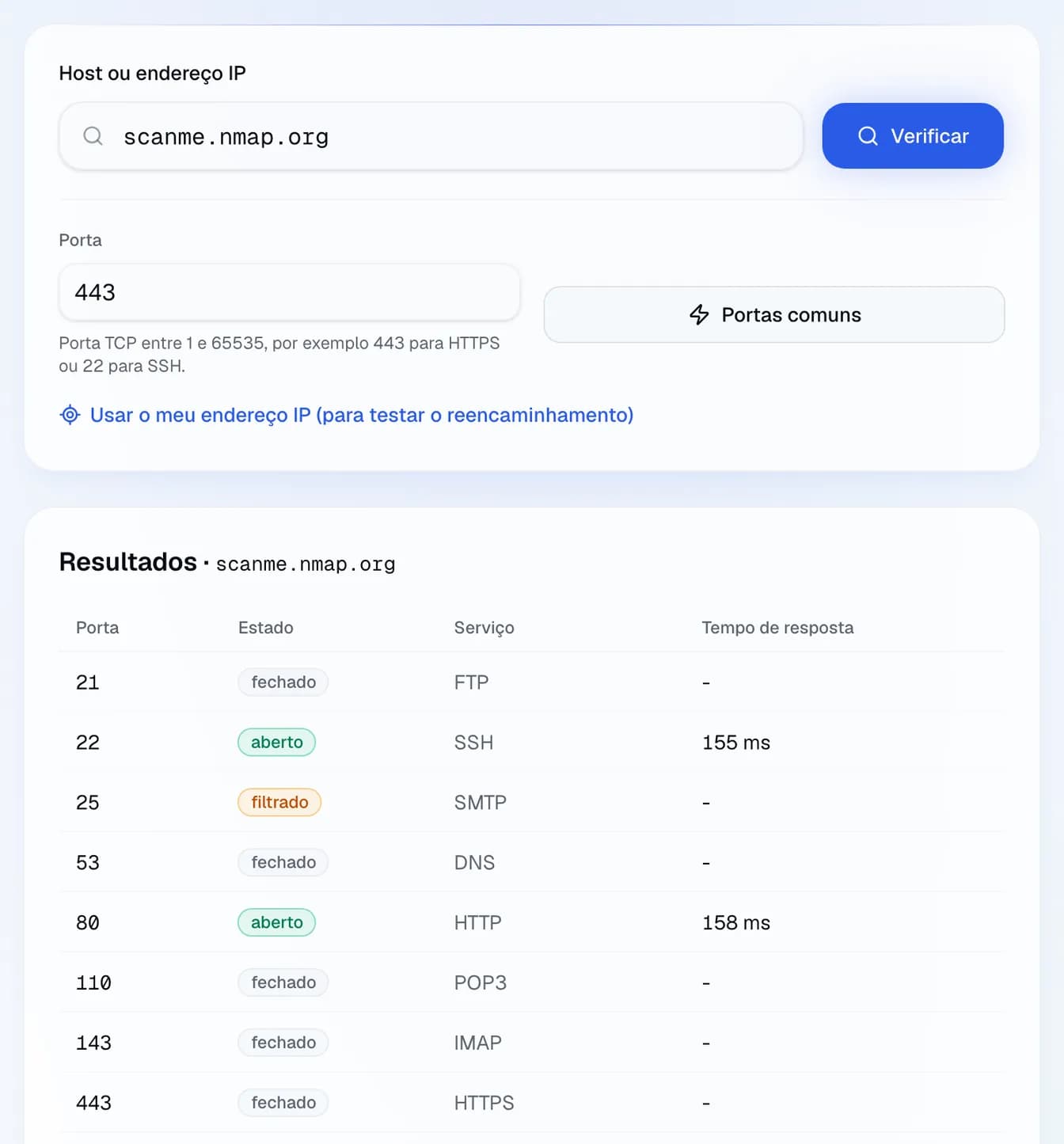 as portas comuns de scanme.nmap.org, um anfitrião que o projeto Nmap disponibiliza para testes: SSH (22) e HTTP (80) abertas, SMTP (25 e 465) filtrada, as restantes fechadas.